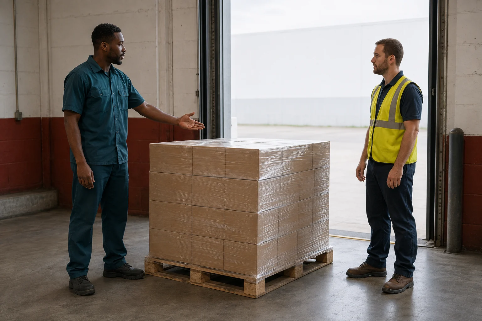 Two logistics workers coordinating beside a pallet at a warehouse loading dock
