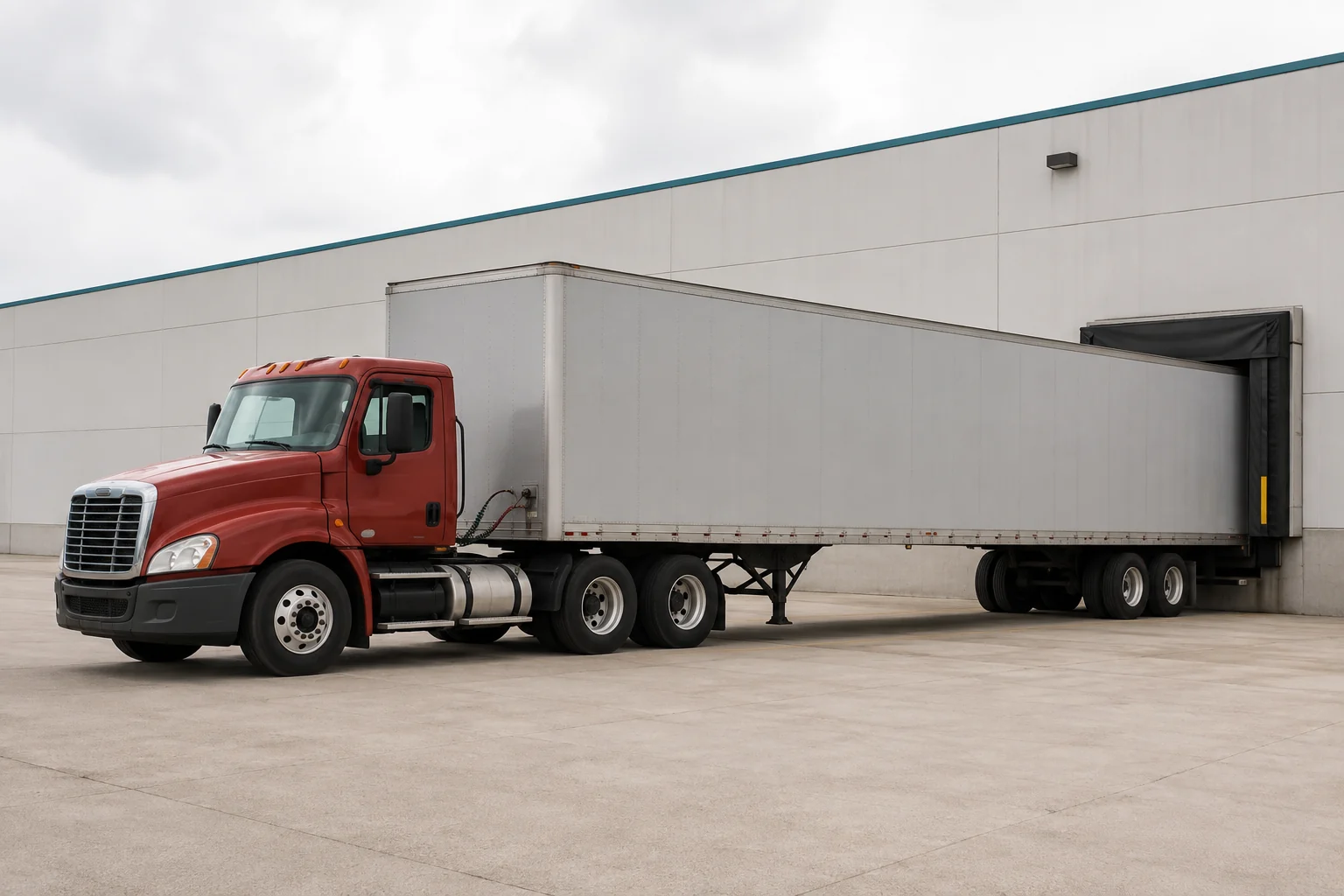 Unbranded brick-red day-cab tractor and silver dry-van trailer parked at a warehouse dock