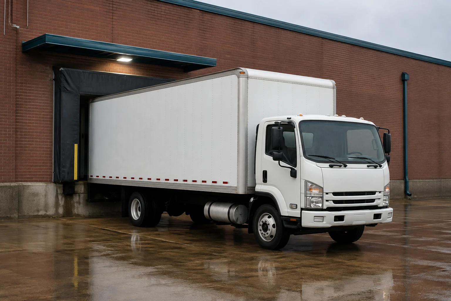 Unbranded white box truck positioned at a brick warehouse dock after rain