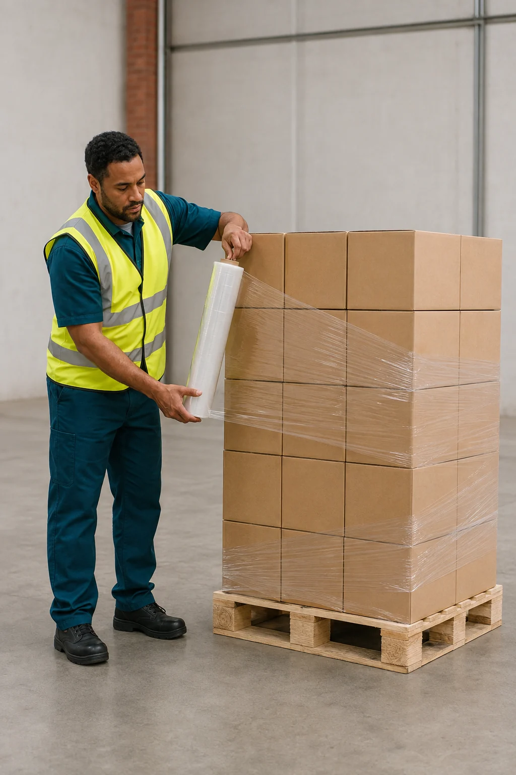 Warehouse worker wrapping a stable pallet in a clean indoor work area